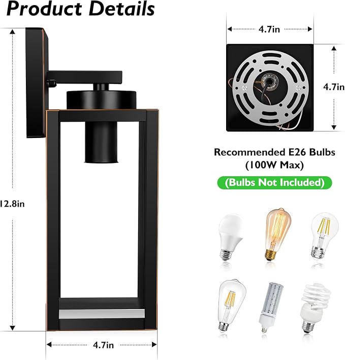 BesLowe Outdoor Wall Light, Modern Porch Sconce, Black with Gold Trim | Waterproof, Rust-Resistant, Durable Metal with Clear Glass, Standard E26 Socket, Easy to Install
