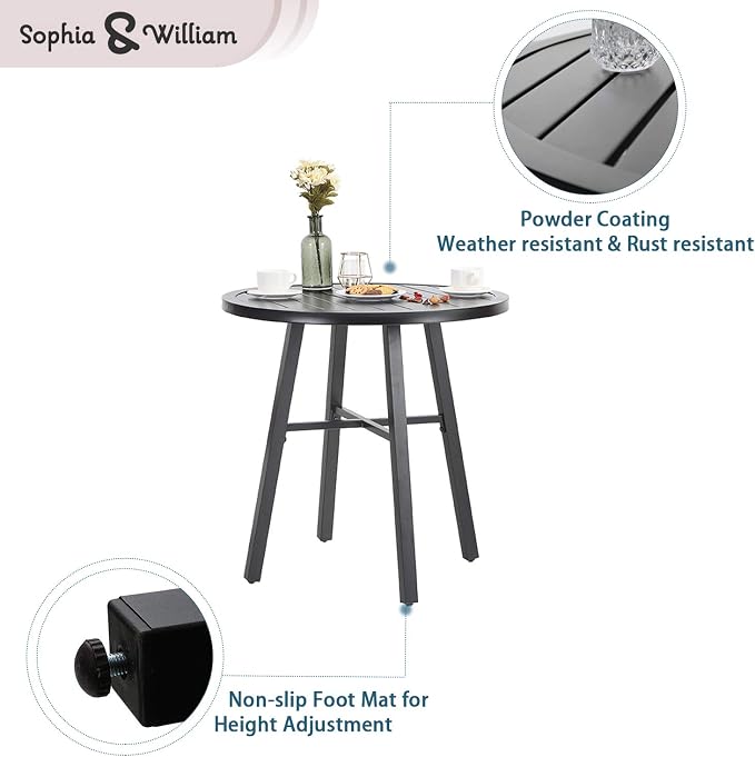 Sophia & William 28" Patio Outdoor Bistro Table, Round Black Metal Side End Table, Small Portable Coffee Dining Table,Outdoor Furniture Table for Garden, Porch, Balcony, Yard