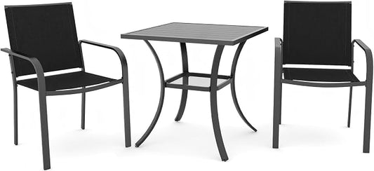 Anmutig 3-Piece Outdoor Dining Set, Powder Coated Steel Table with 2 Stackable Sling Chairs, 27.5 x 27.5 Inch Square Table, Black Fabric