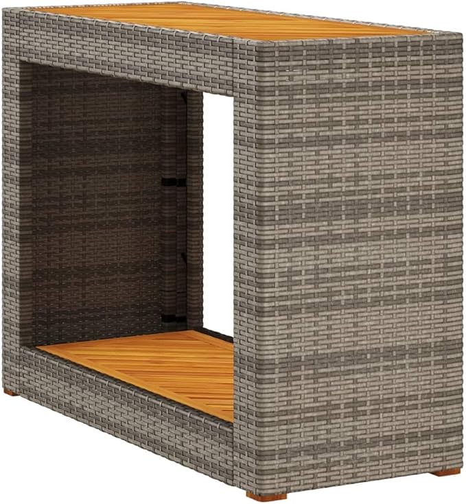 vidaXL Patio Side Table with Wooden Top, Exterior Tea Table with Storage, Rectangular Coffee Table for Garden Backyard, Modern, Gray Poly Rattan
