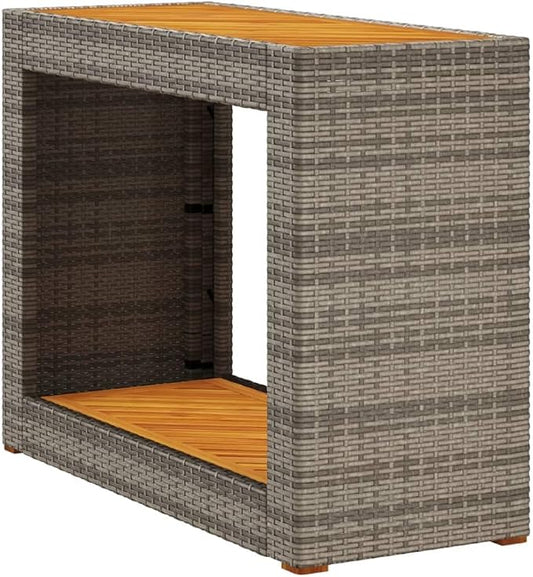 vidaXL Patio Side Table with Wooden Top, Exterior Tea Table with Storage, Rectangular Coffee Table for Garden Backyard, Modern, Gray Poly Rattan