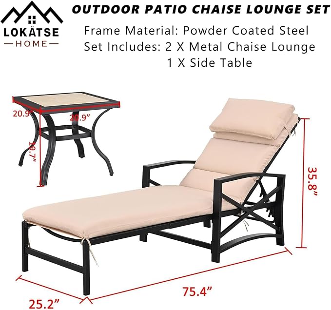 LOKATSE Home 3 Piece Outdoor Patio Chaise Chair Lounge Arm Chair with Adjustable Back and Blue Removable Cushion with Bistro Coffee Side Table for Reclining Chairs