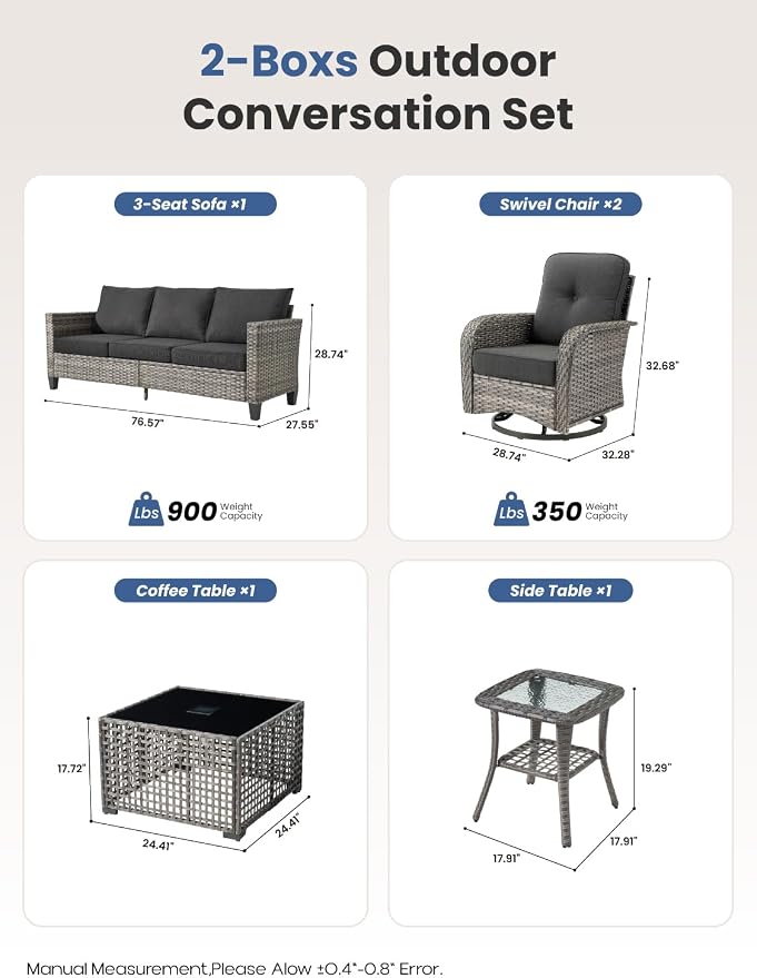5-Piece Outdoor Patio Furniture Set with Swivel Chairs, Outdoor Conversation Wicker Sofa with Coffee Table, Rattan Couch for Deck, Backyard, Poolside (Black)