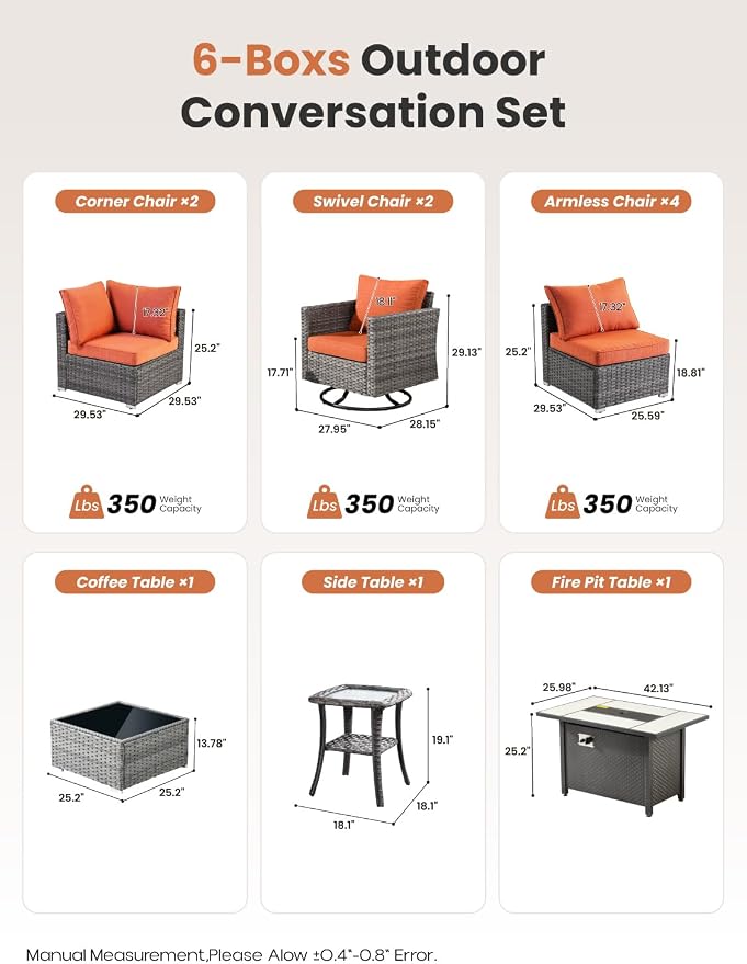 ovios 11 Piece Outdoor Patio Furniture Set with Fire Pit Table,Conversation Sectional Wicker Couch with Swivel Chairs,Modern Outside Sofa for Balcony Backyard, Orange
