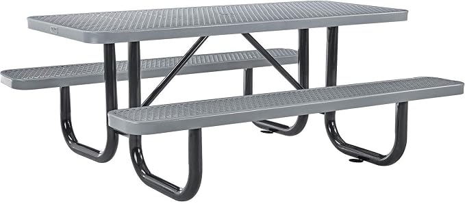 Global Industrial 6’L Rectangular Picnic Table, Expanded Metal, Gray Thermoplastic Coating, Attached Benches, 1-1/2” Umbrella Pole Hole, Outdoor-Rated, 1000 lb Capacity, 72” x 30” Tabletop