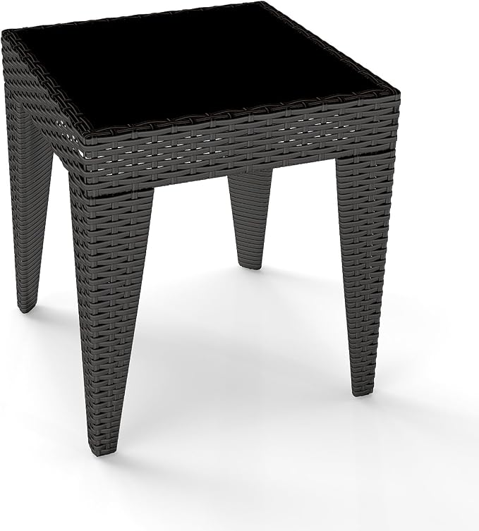 Kinfant Rattan Patio Side Table - Modern Wicker End Table, PE Coffee Table with Glass Top, Weather-Resistant Patio Furniture for Patio, Balcony, Garden, and Poolside (1, Rattan Black)