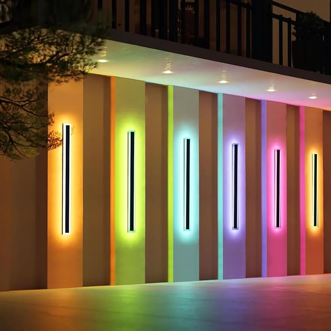 31.4inch Outdoor RGB Long Wall Light, 10 Colour Variations Dimmable Modern LED Wall Sconce, IP65 Waterproof 3000K-6000K Simple Acrylic Exterior Lighting Fixture for Garage, Front Door, Porch, Patio