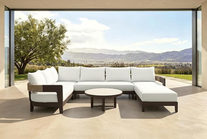 PURPLE LEAF Patio Furniture Set with Left-Arm Daybed and Table 7 Pieces Modern Aluminum Sectional Sofa Outdoor Conversation Sets 7.8" Thick Removable Cushions & Pillows for Porch Yard Garden