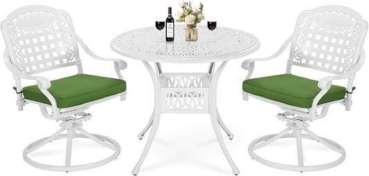 VIVIJASON 3-Piece Patio Bistro Set, Outdoor All-Weather Cast Aluminum Furniture Dining Set, Include 2 Swivel Rocker Chairs and 35.4" Round Table w/Umbrella Hole for Balcony, Lawn, Garden, White