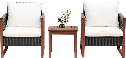 PayLessHere 3-Piece Outdoor Patio Furniture Set Modern Rattan Bistro Conversation Set with Acacia Wood Frame, Coffee Table, and Water-Resistant Cushions for Balcony, Garden, or Backyard (Khaki)