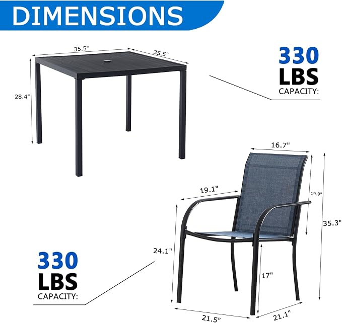5-Piece Outdoor Dining Set, 35.5" Square Metal Patio Table with Dark Blue Chairs, Black Table with Umbrella Hole for Garden, Yard, Patio