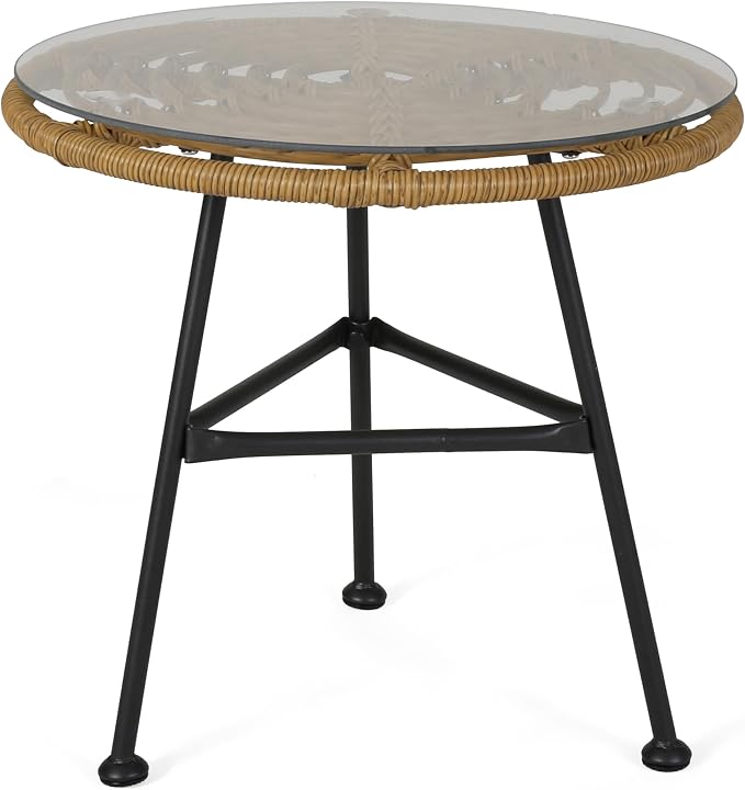 Rattan Outdoor Side Table with Tempered Glass Tabletop, Weather-Resistant Patio End Table, Stable Steel Frame for Balcony, Porch, Deck, Natural