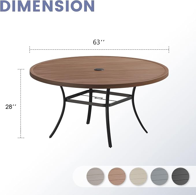 VICLLAX 63" Round Patio Table, Outdoor Dining Table for 8-10 with Umbrella Hole for Garden Lawn Deck Backyard, Walnut