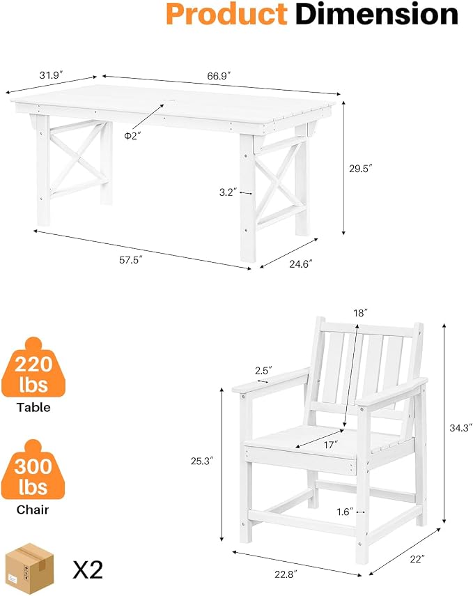 7 Pieces HDPE Outdoor Dining Set, Patio Dining Set with Umbrella Hole, All Weather Outdoor Dining Table Sets for 6, HDPE Patio Furniture Sets for Deck, Backyard, Lawn, and Poolside, Pearl