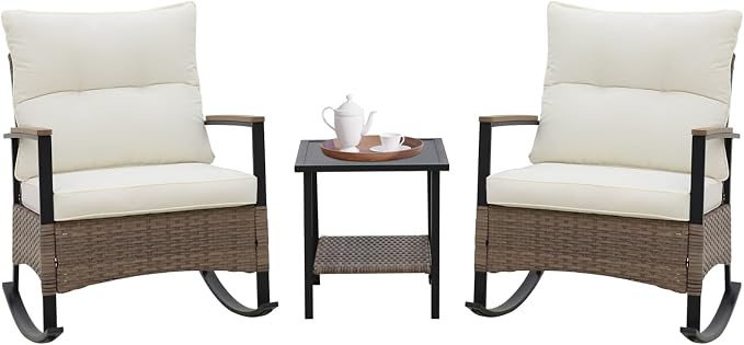 COOS BAY Sunset Haven 3 Piece Outdoor Patio Furniture Set, Rocking Chairs with Side Table, Wicker Patio Bistro Set, Brown/Beige