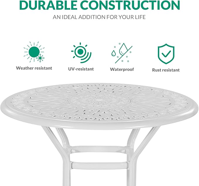 VIVIJASON 35.4" Patio Height Bar Table, All-Weather Cast Aluminum Bar Bistro Table Outdoor Patio Round Dining Table with Umbrella Hole for Balcony, Lawn, Garden, Backyard, White