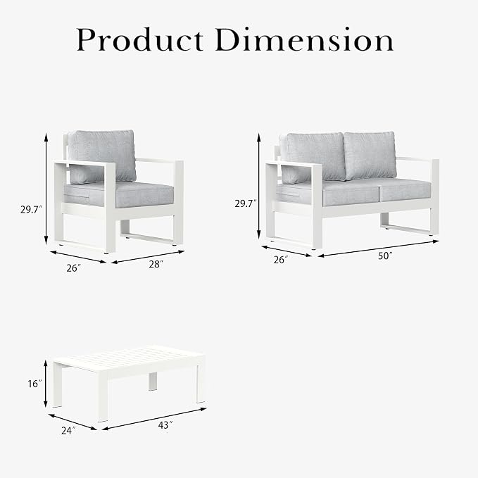 LayinSun 4 Pieces Aluminum Outdoor Patio Furniture Set, Metal Modern Conversation Sofa Set with Coffee Table and Washable Thick Cushions for Porch, Backyard, Deck