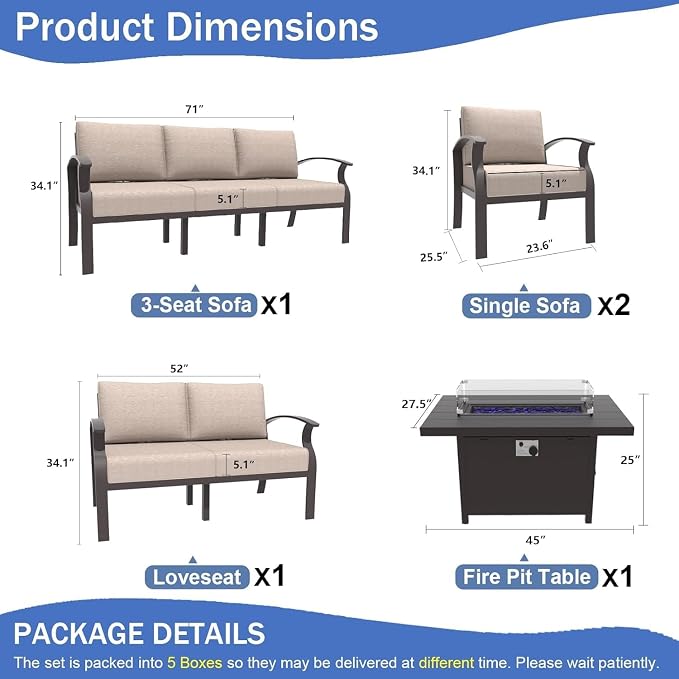 Kullavik Aluminum Patio Furniture Set,5 Piece Modern Metal Outdoor Patio Furniture w/5.1'' Thick Cushion and 45" Propane Fire Pit Table,Patio Conversation Sets for Porch,Deck,Sand
