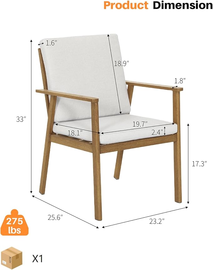 Outdoor Patio Dining Chair Set of 2, Never-Rust Outdoor Aluminum Patio Chairs with Thickened Cushions, Patio Dining Furniture Chairs Set for Garden, Backyard, Porch, Lawn, Teak