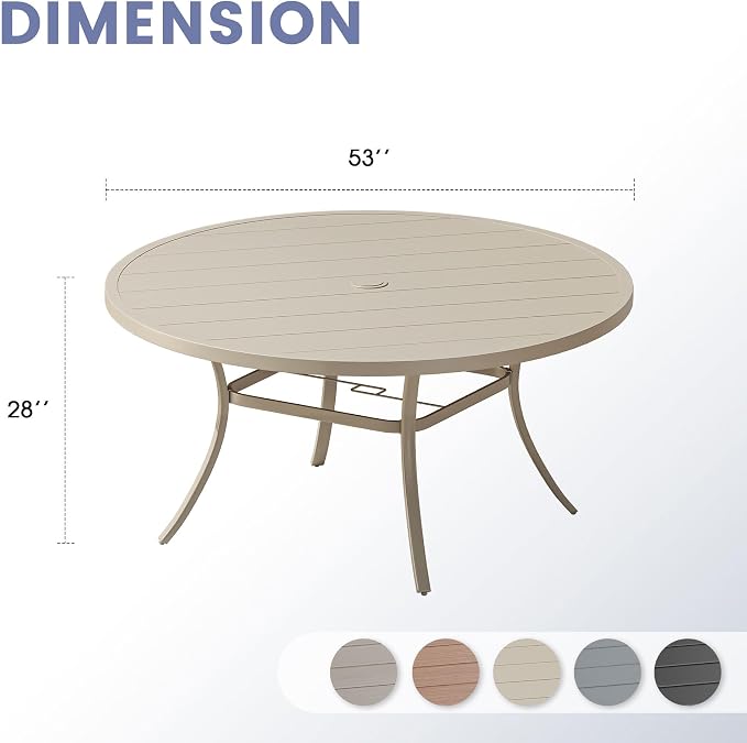 VICLLAX 60" Round Patio Table, Outdoor Dining Table for 8-10 with Umbrella Hole for Garden Lawn Deck Backyard, Sandshell