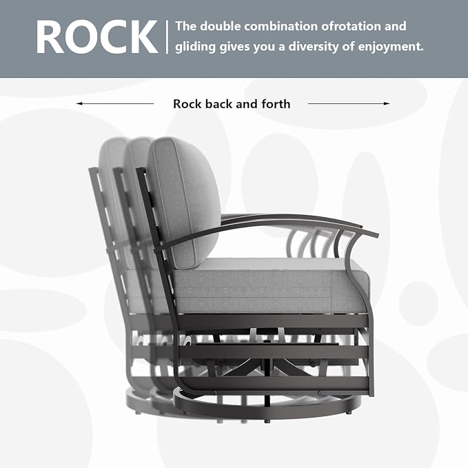 Outdoor Patio Furniture Set, 3 Piece Aluminum Metal Chairs Swivel Rocker, Overstuffed Washable Cushions Bistro Set for Porch, Balcony, Deck, Garden Grey