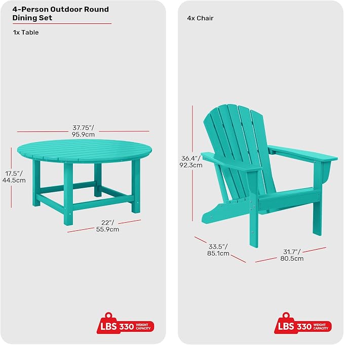 Costaelm Patio Conversation Set, Outdoor Chairs Set of 5 Balcony Firepit Furniture Outdoor Adirondack Round Table and Chair Backyard Furniture Set for Lawn Porch Pool Garden, Turquoise