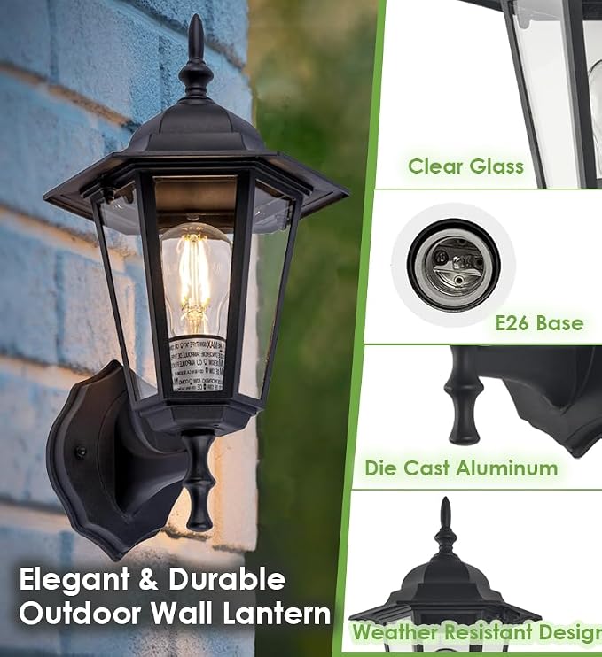 GRUENLICH Outdoor Wall Light Fixture, Rustproof Aluminum, Glass | Exterior Porch Light Wall Sconce Lantern for House, Patio, Garage, Waterproof, E26 Socket 60W Max, Black, 1 Pack
