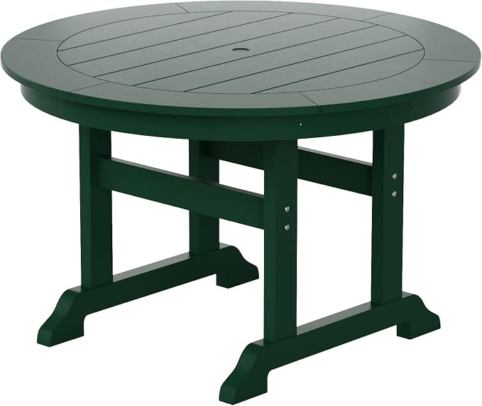 WestinTrends Malibu Patio Dining Table, All Weather Poly Lumber Adirondack 47" Trestle Round Outdoor Table with Umbrella Hole, Dark Green