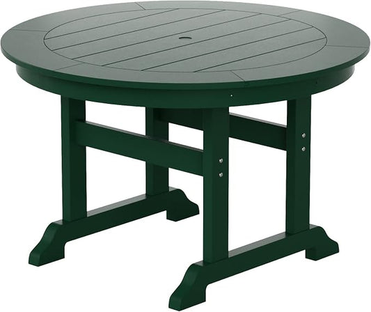 WestinTrends Malibu Patio Dining Table, All Weather Poly Lumber Adirondack 47" Trestle Round Outdoor Table with Umbrella Hole, Dark Green