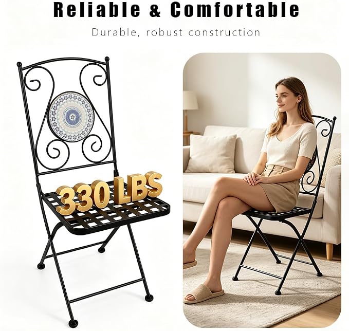 3 Piece Bistro Sets Mosaic Tile Round Table Folding Chairs Garden | Set of 3 Patio Furniture 23.6" Table and 2 Chairs Outdoor Bistro Chairs Artistic Table for Balcony Porch Apartment Backyard