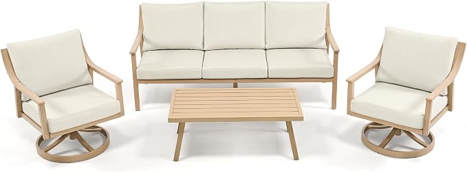 HAPPATIO 4-Piece Outdoor Patio Furniture Set for 5, Aluminum Outdoor Conversation Set Includes 1 Three-Seater Sofa, 2 Swivel Chairs, and 1 Coffee Table, Perfect for Porch, Deck, Garden, (Beige)
