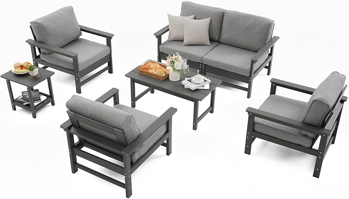 HDPE Outdoor Patio Furniture Set with Cushions, 7 Piece Patio Conversation Set Sofa Set,All Weather Outdoor Couch Set with Coffee Table for Lawn, Garden, Deck