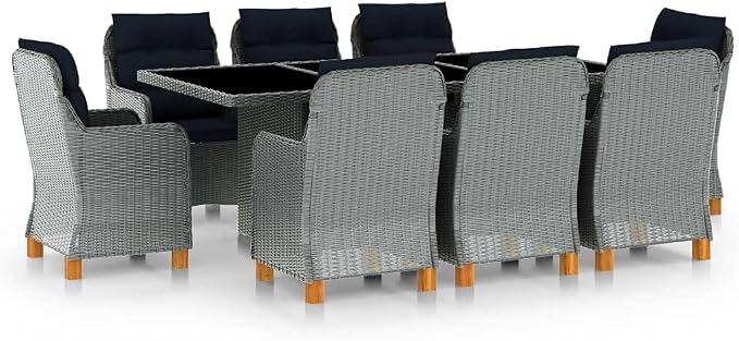9 Piece Patio Dining Set with Cushions Poly Rattan,Outdoor Dining Set,Garden Dining Set,Terrace Tables and Chairs,Lounge Seat,Garden Furniture,for Homes,Offices,Living Room,Cafes,Light Gray