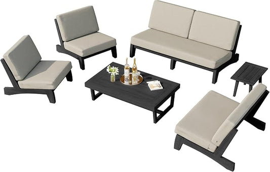 6 Piece Teak Outdoor Patio Frutnire Set, 7 Seater Patio Conversation Sets with Thick Cushions, Outdoor Sectional Furniture with Coffee Table - Light Camel