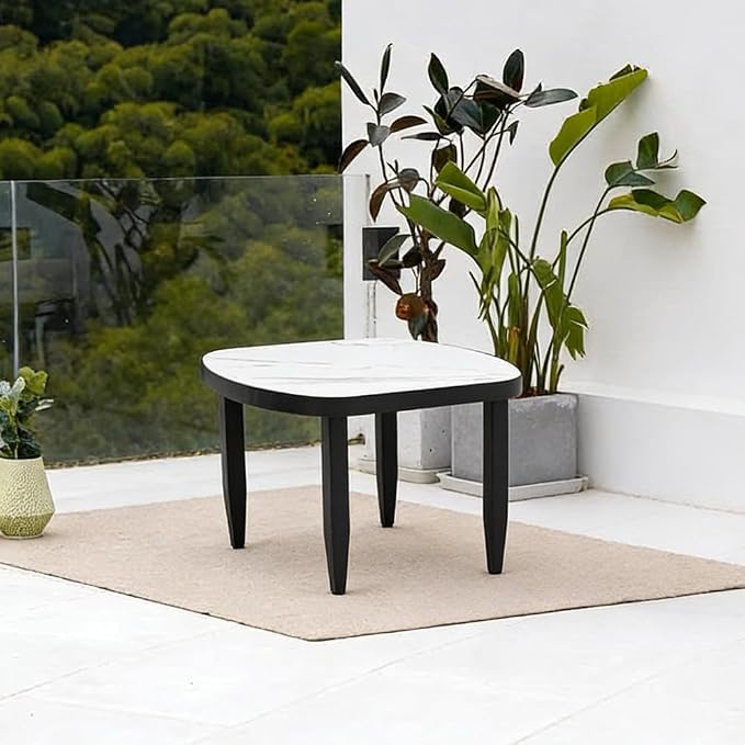 Modern Outdoor Side Table with Sintered Stone Top, Aluminum Frame, Black Finish, Weatherproof & Rust-Free for Patio