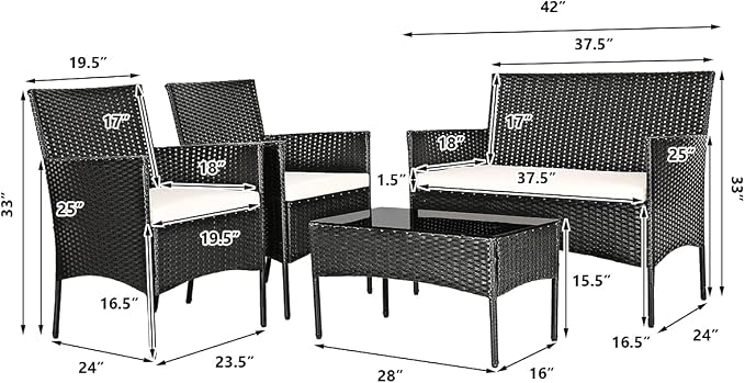 HAPPYGRILL 8 Pieces Patio Furniture Set Rattan Wicker Conversation Set with Tempered Glass Top Table, Outdoor Wicker Sofa Set with Removable Cushions for Poolside Garden Backyard