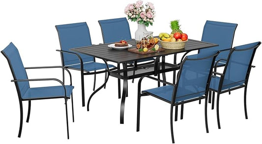 7-Piece Patio Dining Set,6 Person Outdoor Table and Chairs Set, 6 Metal Dining Chairs and Rectangular Outdoor Table with 1.57" Umbrella Hole,Blue