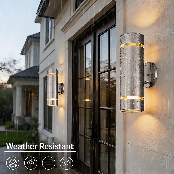 13" Stainless Steel Modern Outdoor Wall Sconce Cylinder Porch Light | E26 Base,UL listed,Brushed Nickel Up and Down Lights Outdoor Exterior Lighting Fixture for House Garage Patio Porch Garden