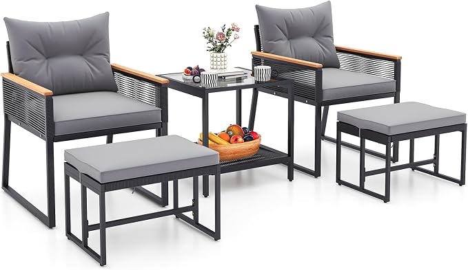 Tangkula 5 Pieces Outdoor Conversation Set, Patio Rattan Armchairs with 2-Tier Side Table & 2 Ottomans, Acacia Wood Armrests & Heavy-Duty Metal Frame, Patio Chairs Set for Porch, Poolside (Grey)