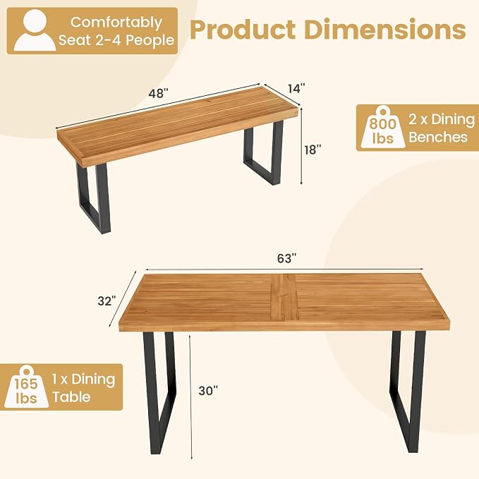 Tangkula 3 Pieces Patio Dining Table Set, 63” Rectangle Acacia Wood Table with Umbrella Hole and 2 Backless Bench with Metal Frame, Outdoor Dinette Furniture for Garden Yard