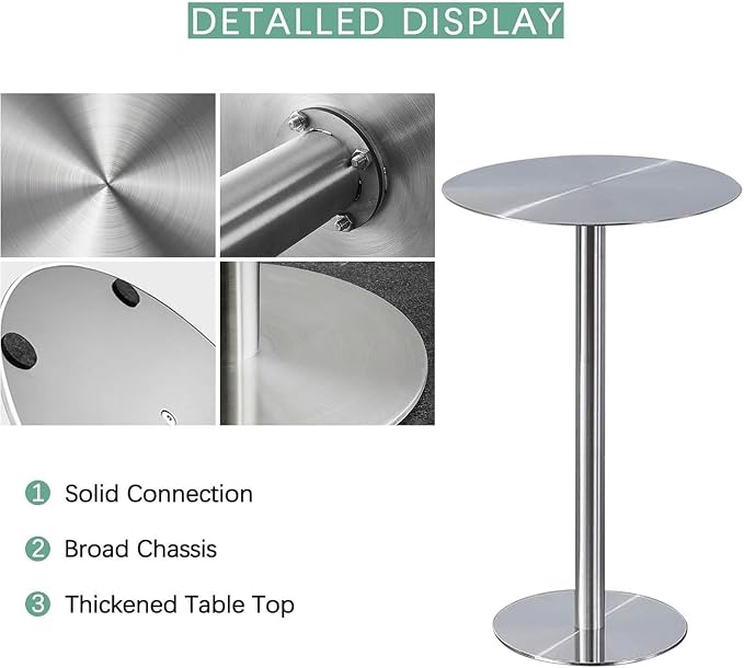 Round Dining Tables Leisure Table with Stainless Steels Table Top and Stable Base for Living Room Balcony Garden Outdoor, Space Saving(60x60x105cm)