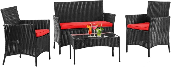 NChanmar Patio Furniture Set, 4 Pieces Outdoor Furniture Rattan Chair, Patio Table and Chairs Set, Wicker Sofa for Yard,Pool and Backyard, Red