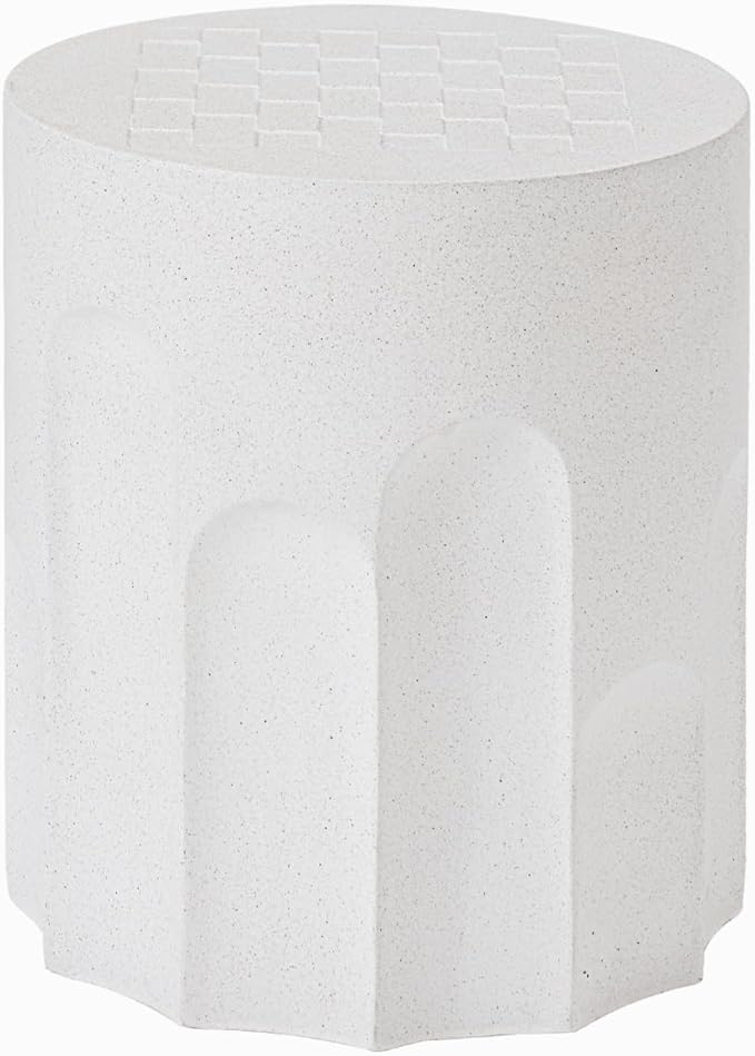HOMPUS Outdoor Side Table with Checkeboard Grain Tabletop, Round Shaped MgO Lightweight Concrete End Tables, Modern Vintage Patio Accent Table for Indoor Outdoor Use, Spotted White