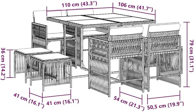 9-Piece Patio Dining Set with Glass Table, Black and Cream White Poly Rattan, Foldable and Stackable Chairs for Garden Backyard