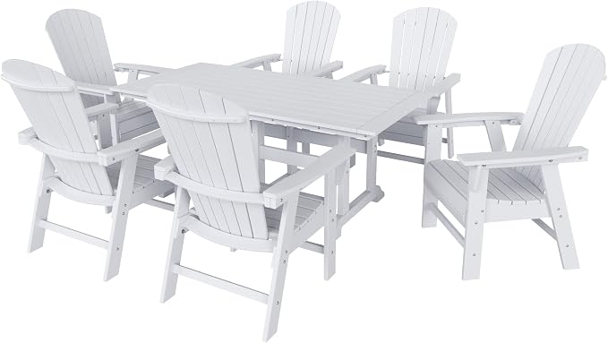WestinTrends Dylan Adirondack Outdoor Dining Set for 6, All Weather Poly Lumber Patio Table and Chairs Set of 6, 71" Trestle Outdoor Table and Seashell Adirondack Dining Chair, White
