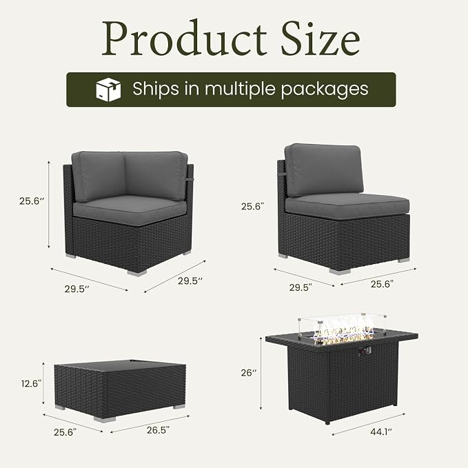 LayinSun 8 Piece Patio Furniture Set with 44" Propane Gas Fire Pit Table, Outdoor Sectional Conversation Set Wicker Rattan Sofa Set with Coffee Table
