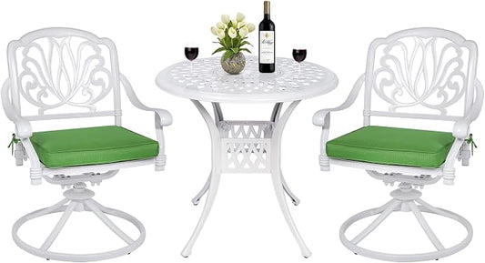 MEETWARM 3-Piece Outdoor Patio Dining Set, All-Weather Cast Aluminum Patio Conversation Set for Backyard Garden Deck with 2 Cushions Swivel Rocker Chairs and 31" Round Table, 2.2" Umbrella Hole, White
