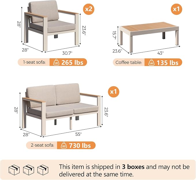 4-Piece 4-Seater Aluminum Patio Furniture Set, Outdoor Patio Table and Chairs Set with 2 Single Chairs+Loveseat+Coffee Table, 1.5mm Thick Rustproof Frame, Waterproof Washable Cushions for Porch Deck