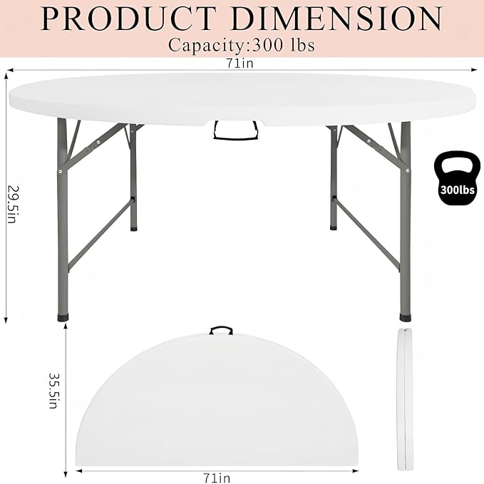 6 FT Round Folding Tables with Carrying Handle 72 inch Heavy Duty Portable Plastic Commercial Table Steel Legs for Party, Dining, Wedding, Events, Picnic Indoor, Outdoor (White,1 Pack)
