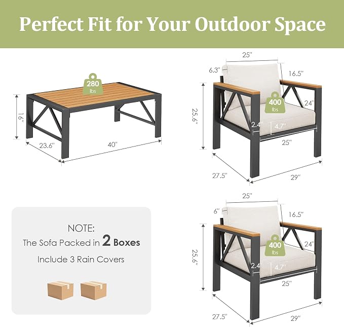 INGEROOM 3 Piece Aluminum Outdoor Patio Furniture Set with Waterproof Cover, 2 Chairs & Coffee Table, Metal Patio Conversation Set for Porch, Balcony, Deck, Garden, Oatmeal